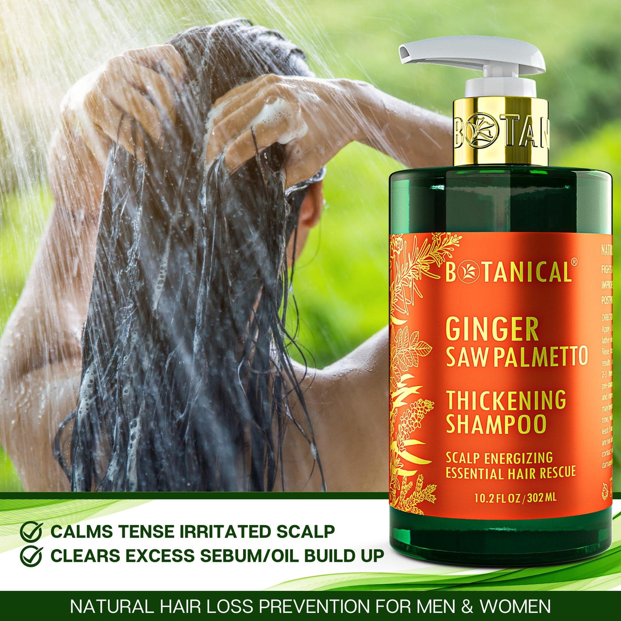 Ginger & Saw Palmetto Shampoo for Thinning Hair - Scalp Energizing - 10.2 Fl Oz