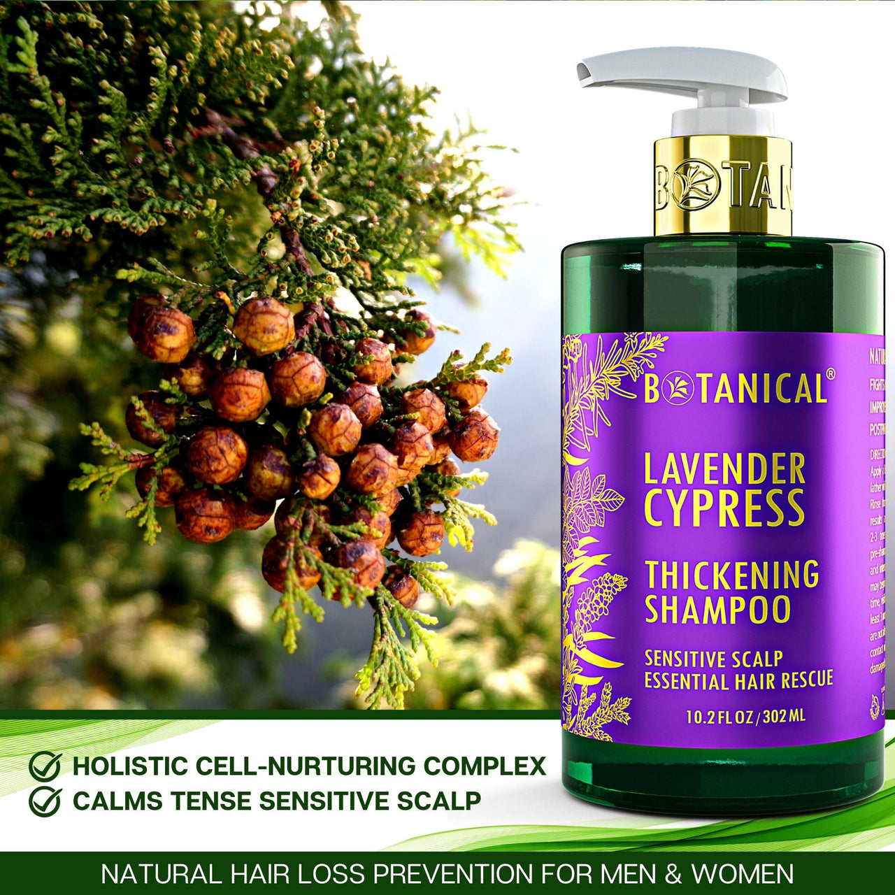 Lavender & Cypress Thickening Shampoo for Thinning Hair - Sensitive Scalp - 10.2 Fl Oz